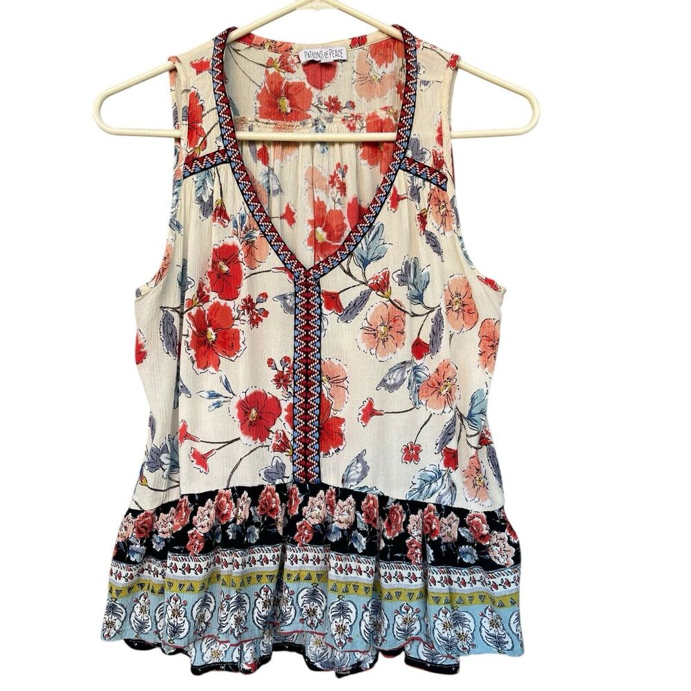 Patrons‎ of Peace Sleeveless Top Womens Small Rayon Boho Floral Flowy V-neck